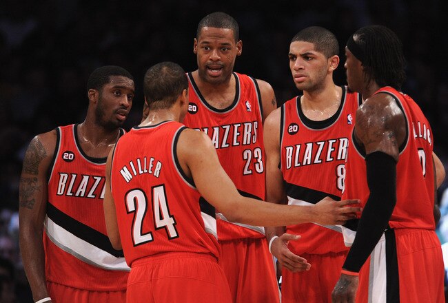 LOS ANGELES, CA - MARCH 20:   Wesley Mathews #2, Marcus Camby #23, Nicolas Batum #88, Gerald Wallace #3 and Andre MIller #24 of the Portland Trail Blazers meet on the court against the Los Angeles Lakers at the Staples Center on March 20, 2011 in Los Angeles, California.  NOTE TO USER: User expressly acknowledges and agrees that, by downloading and or using this photograph, User is consenting to the terms and conditions of the Getty Images License Agreement.  (Photo by Harry How/Getty Images)