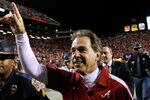AUBURN, AL - NOVEMBER 26:  Head coach Nick Saban of the Alabama Crimson Tide celebrates their 42-14 win over the Auburn Tigers at Jordan-Hare Stadium on November 26, 2011 in Auburn, Alabama.  (Photo by Kevin C. Cox/Getty Images)