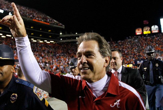 AUBURN, AL - NOVEMBER 26:  Head coach Nick Saban of the Alabama Crimson Tide celebrates their 42-14 win over the Auburn Tigers at Jordan-Hare Stadium on November 26, 2011 in Auburn, Alabama.  (Photo by Kevin C. Cox/Getty Images)