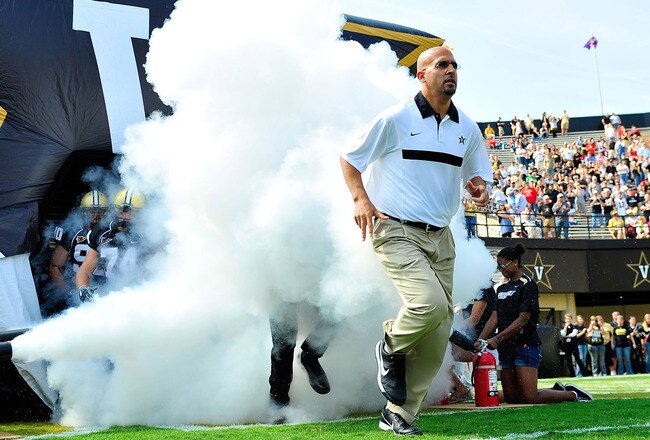 NASHVILLE, TN - SEPTEMBER 17:  Coach James Franklin of the Vanderbilt Commodores leads his team onto the field for a game against the Ole Miss Rebels at Vanderbilt Stadium on September 17, 2011 in Nashville, Tennessee.  (Photo by Grant Halverson/Getty Images)