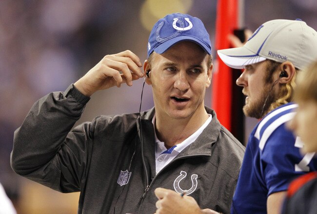 INDIANAPOLIS, IN - DECEMBER 22: Indianapolis Colts quarterback Peyton Manning looks on during the game against the Houston Texans at Lucas Oil Stadium on December 22, 2011 in Indianapolis, Indiana. The Colts defeated the Texans 19-16. (Photo by Joe Robbins/Getty Images)