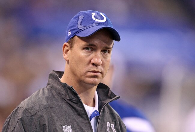 INDIANAPOLIS, IN - NOVEMBER 13:  Peyton Manning of the Indianapolis Colts watches the game action in the Colts 17-3 loss to the Jacksonville Jaguars at Lucas Oil Stadium on November 13, 2011 in Indianapolis, Indiana.  (Photo by Andy Lyons/Getty Images)