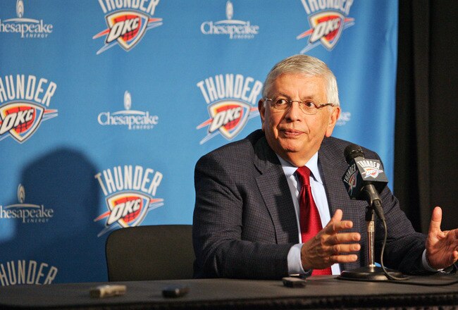 OKLAHOMA CITY, OK -DECEMBER 25:  NBA Commissioner David Stern speaks to the media before the Orlando Magic versus the Oklahoma City Thunder season opening game December 25, 2011 at the Chesapeake Energy Arena in Oklahoma City, Oklahoma.  Oklahoma City defeated Orlando 97-89. NOTE TO USER: User expressly acknowledges and agrees that, by downloading and or using this Photograph, user is consenting to the terms and conditions of the Getty Images License Agreement.  (Photo by Brett Deering/Getty Images)