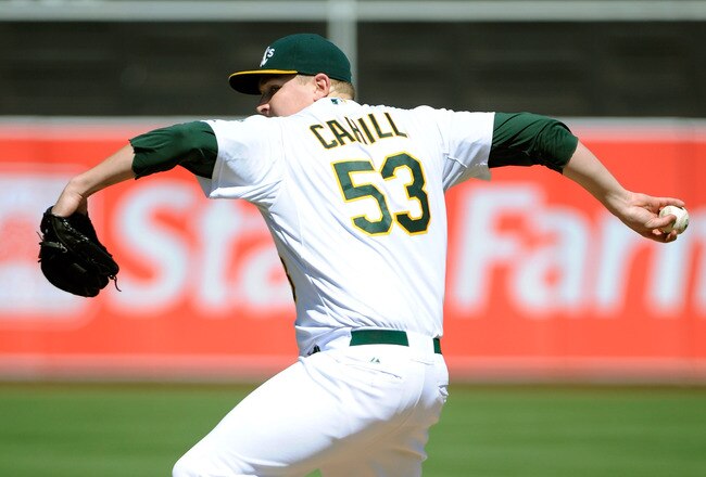 OAKLAND, CA - SEPTEMBER 22: Trevor Cahill #53 of the Oakland Athletics pitches against the Texas Rangers during an MLB basebll game at O.co Coliseum on September 22, 2011 in Oakland, California.  (Photo by Thearon W. Henderson/Getty Images)