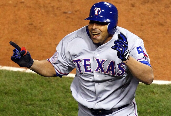 ST LOUIS, MO - OCTOBER 27:  Nelson Cruz #17 of the Texas Rangers celebrates after hitting a solo home run in the seventh inning during Game Six of the MLB World Series against the St. Louis Cardinals at Busch Stadium on October 27, 2011 in St Louis, Missouri.  (Photo by Dilip Vishwanat/Getty Images)