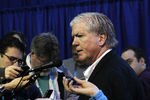 VANCOUVER, BC - FEBRUARY 22:  Hockey USA General Manager and Toronto Maple Leafs GM Brian Burke (R) speaks to the media prior to the start of the Women's USA vs. Sweden  women's semifinal game on day 11 of the Vancouver 2010 Winter Olympics at Canada Hockey Place on February 22, 2010 in Vancouver, Canada.  (Photo by Bruce Bennett/Getty Images)
