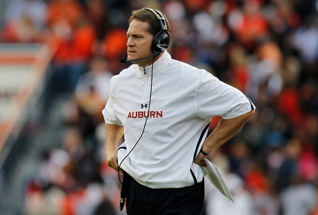 AUBURN, AL - NOVEMBER 26:  Head coach Gene Chizik of the Auburn Tigers looks from the sidelines against the Alabama Crimson Tide at Jordan-Hare Stadium on November 26, 2011 in Auburn, Alabama.  (Photo by Kevin C. Cox/Getty Images)