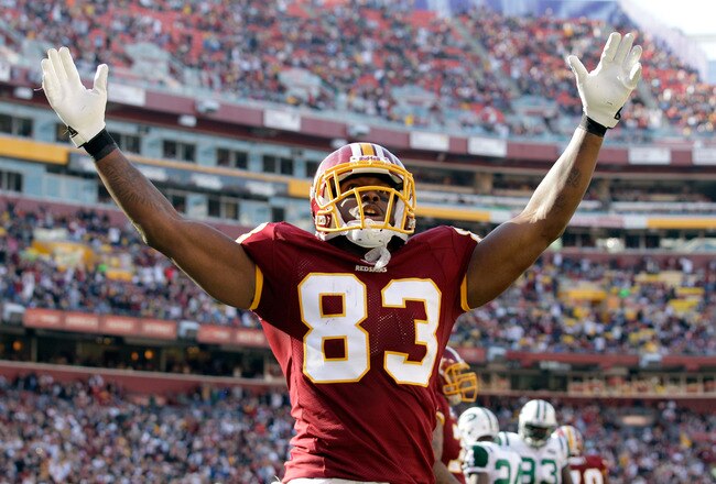 LANDOVER, MD - DECEMBER 04:  Fred Davis #83 of the Washington Redskins celebrates the Redskins first touchdown against the New York Jets during the first half at FedExField on December 4, 2011 in Landover, Maryland.  (Photo by Rob Carr/Getty Images)