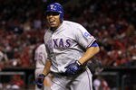 ST LOUIS, MO - OCTOBER 27:  Nelson Cruz #17 of the Texas Rangers celebrates after hitting a solo home run in the seventh inning during Game Six of the MLB World Series against the St. Louis Cardinals at Busch Stadium on October 27, 2011 in St Louis, Missouri.  (Photo by Ezra Shaw/Getty Images)