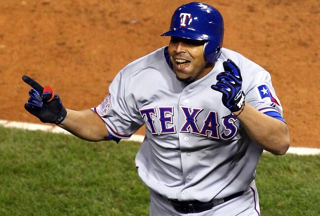 ST LOUIS, MO - OCTOBER 27:  Nelson Cruz #17 of the Texas Rangers celebrates after hitting a solo home run in the seventh inning during Game Six of the MLB World Series against the St. Louis Cardinals at Busch Stadium on October 27, 2011 in St Louis, Missouri.  (Photo by Dilip Vishwanat/Getty Images)
