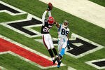ATLANTA, GA - OCTOBER 16: Brent Grimes #20 of the Atlanta Falcons intercepts a pass intended for Steve Smith #89 of the Carolina Panthers at the Georgia Dome on October 16, 2011 in Atlanta, Georgia. (Photo by Scott Cunningham/Getty Images)
