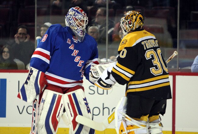 MONTREAL - JANUARY 24:  Eastern Conference All-Stars Tim Thomas of the Boston Bruins and Henrik Lundqvist of the New York Rangers talk during the Honda NHL Superskills competition as part of the 2009 NHL All-Star weekend on January 24, 2009 at the Bell Centre in Montreal, Canada.  (Photo by Dave Sandford/Getty Images)