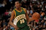 DENVER - MARCH 16:  Kevin Durant #35 of the Seattle SuperSonics controls the ball against the Denver Nuggets at the Pepsi Center on March 16, 2008 in Denver, Colorado. The Nuggets defeated the Sonics 168-116. NOTE TO USER: User expressly acknowledges and agrees that, by downloading and or using this photograph, user is consenting to the term and conditions of the Getty Images License Agreement.  (Photo by Doug Pensinger/Getty Images)