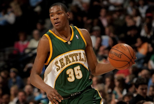 DENVER - MARCH 16:  Kevin Durant #35 of the Seattle SuperSonics controls the ball against the Denver Nuggets at the Pepsi Center on March 16, 2008 in Denver, Colorado. The Nuggets defeated the Sonics 168-116. NOTE TO USER: User expressly acknowledges and agrees that, by downloading and or using this photograph, user is consenting to the term and conditions of the Getty Images License Agreement.  (Photo by Doug Pensinger/Getty Images)
