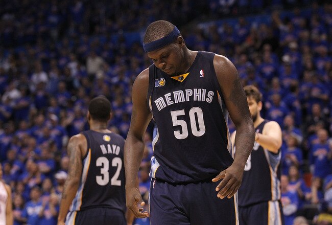 OKLAHOMA CITY, OK - MAY 15:  Forward Zach Randolph #50 of the Memphis Grizzlies reacts during a 90-105 loss against the Oklahoma City Thunder in Game Seven of the Western Conference Semifinals in the 2011 NBA Playoffs on May 15, 2011 at Oklahoma City Arena in Oklahoma City, Oklahoma.  The Thunder defeated the Grizzlies to advance to the Western Conference Finals.  NOTE TO USER: User expressly acknowledges and agrees that, by downloading and or using this photograph, User is consenting to the terms and conditions of the Getty Images License Agreement.  (Photo by Ronald Martinez/Getty Images)