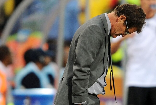 BLOEMFONTEIN, SOUTH AFRICA - JUNE 27:  Fabio Capello manager of England looks dejected during the 2010 FIFA World Cup South Africa Round of Sixteen match between Germany and England at Free State Stadium on June 27, 2010 in Bloemfontein, South Africa.  (Photo by Michael Regan/Getty Images)