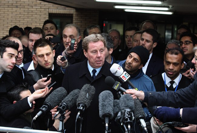 LONDON, ENGLAND - FEBRUARY 08:  Harry Redknapp speaks to the gathered media outside Southwark Crown Court on February 8, 2012 in London, England. Football manager Harry Redknapp and former Portsmouth FC chairman Milan Mandaric were today found not guilty of charges of tax evasion between 2002 and 2004 when Mr Redknapp served as manager of Portsmouth FC.  (Photo by Dan Kitwood/Getty Images)