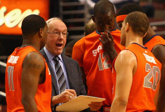 PHILADELPHIA, PA - JANUARY 11:  Head coach Jim Boeheim of the Syracuse Orange talks with his players during a timeout against the Villanova Wildcats at the Wells Fargo Center on January 11, 2012 in Philadelphia, Pennsylvania.  (Photo by Chris Chambers/Getty Images)