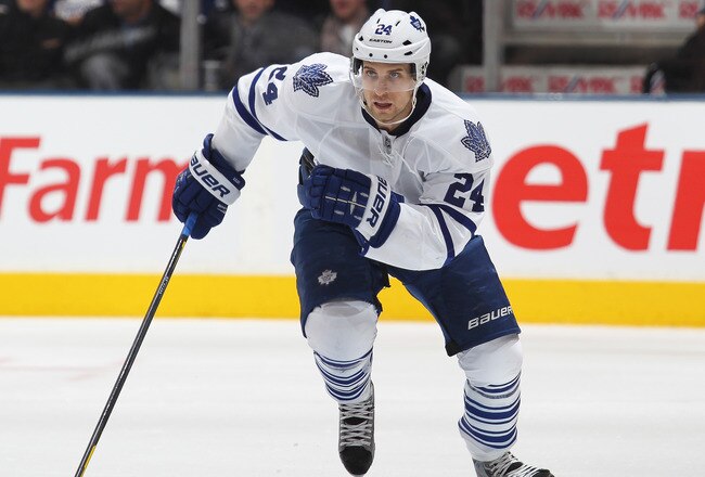 TORONTO, CANADA - FEBRUARY 1:  John-Michael Liles #24 of the Toronto Maple Leafs skates in a game against the Pittsburgh Penguins on February 1, 2012 at the Air Canada Centre in Toronto, Canada. The Leafs defeated the Penguins 1-0. (Photo by Claus Andersen/Getty Images)