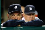 DETROIT, MI - OCTOBER 11:  Manager Jim Leyland #10 of the Detroit Tigers looks on from the dugout prior to Game Three of the American League Championship Series against the Texas Rangers at Comerica Park on October 11, 2011 in Detroit, Michigan.  (Photo by Leon Halip/Getty Images)