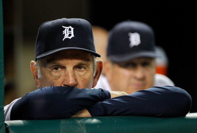 DETROIT, MI - OCTOBER 11:  Manager Jim Leyland #10 of the Detroit Tigers looks on from the dugout prior to Game Three of the American League Championship Series against the Texas Rangers at Comerica Park on October 11, 2011 in Detroit, Michigan.  (Photo by Leon Halip/Getty Images)