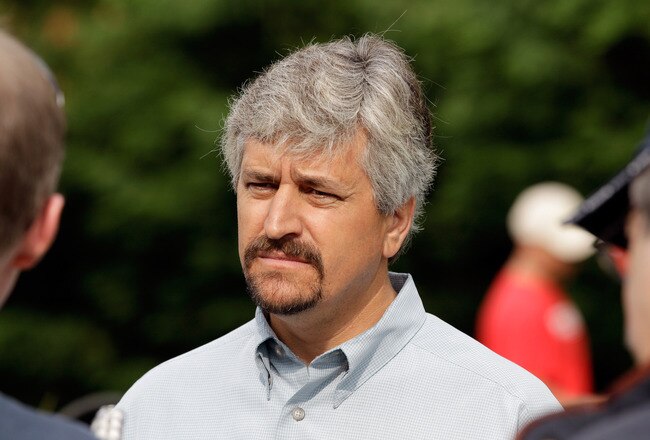 BALTIMORE, MD - MAY 20:  Steve Asmussen, the trainer of Preakness entrant Astrology, talks with the media outside the stakes barn at Pimlico Race Course on May 20, 2011 in Baltimore, Maryland. The 136th running of the Preakness Stakes will be run on May 21.  (Photo by Rob Carr/Getty Images)