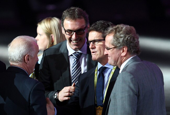 KIEV, UKRAINE - DECEMBER 02:  Fabio Capello, coach of England with Laurent Blanc, coach of France during the UEFA EURO 2012 Final Draw Ceremony on December 2, 2011 in Kiev, Ukraine.  (Photo by Julian Finney/Getty Images)