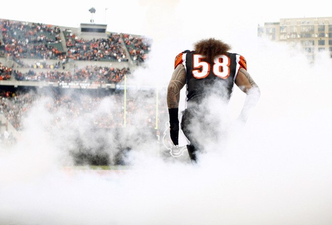 CINCINNATI, OH - JANUARY 01:  Rey Maualuga #58 of the Cincinnati Bengals takes the field for the game against the Baltimore Ravens at Paul Brown Stadium on January 1, 2012 in Cincinnati, Ohio.  (Photo by John Grieshop/Getty Images)