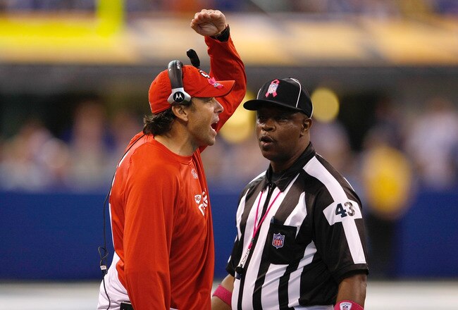 INDIANAPOLIS, IN - OCTOBER 10: Todd Haley of the Kansas City Chiefs argues with Terry Brown #43 over a penalty call against the Indianapolis Colts at Lucas Oil Stadium on October 10, 2010 in Indianapolis, Indiana. The Colts defeated the Chiefs 19-9. (Photo by Scott Boehm/Getty Images)