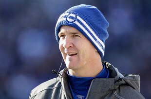 BALTIMORE, MD - DECEMBER 11:  Peyton Manning #18 of the Indianapolis Colts looks on from the sidelines during the second half against the Baltimore Ravens at M&T Bank Stadium on December 11, 2011 in Baltimore, Maryland.  (Photo by Rob Carr/Getty Images)