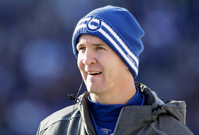 BALTIMORE, MD - DECEMBER 11:  Peyton Manning #18 of the Indianapolis Colts looks on from the sidelines during the second half against the Baltimore Ravens at M&T Bank Stadium on December 11, 2011 in Baltimore, Maryland.  (Photo by Rob Carr/Getty Images)