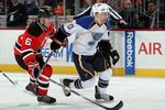 NEWARK, NJ - MARCH 20:  Andy McDonald #10 of the St. Louis Blues skates against Andy Greene #6 of the New Jersey Devils at the Prudential Center on March 20, 2010 in Newark, New Jersey. The Blues defeated the Devils 1-0.  (Photo by Jim McIsaac/Getty Images)