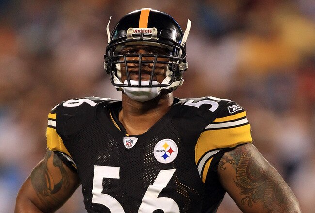 CHARLOTTE, NC - SEPTEMBER 01:  LaMarr Woodley #56 of the Pittsburgh Steelers against the Carolina Panthers during their preseason game at Bank of America Stadium on September 1, 2011 in Charlotte, North Carolina.  (Photo by Streeter Lecka/Getty Images)