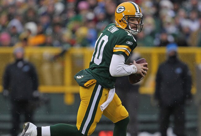 GREEN BAY, WI - JANUARY 01:  Matt Flynn #10 of the Green Bay Packers rolls out to look for a receiver against the Detroit Lions at Lambeau Field on January 1, 2012 in Green Bay, Wisconsin. The Packers defeated the Lions 45-41.  (Photo by Jonathan Daniel/Getty Images)