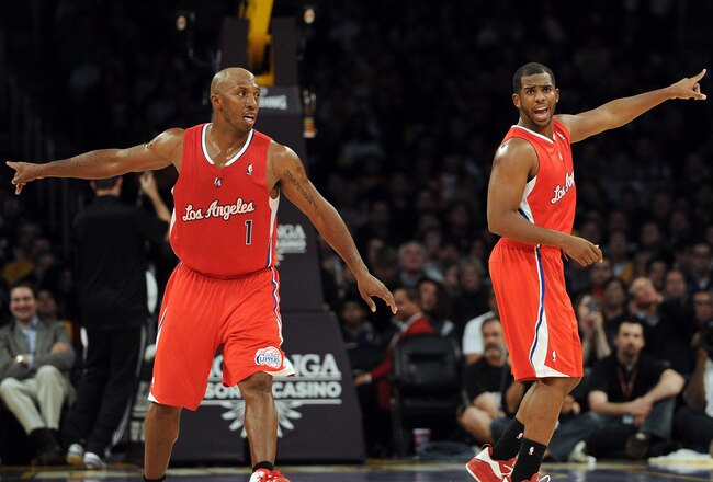 LOS ANGELES, CA - DECEMBER 19:  Chris Paul #3 and Chauncey Billups #1 of the Los Angeles Clippers set up defense against the Los Angeles Lakers during a 114-95 Clipper win at Staples Center on December 19, 2011 in Los Angeles, California.  (Photo by Harry How/Getty Images)