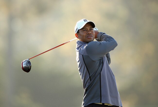 PEBBLE BEACH, CA - FEBRUARY 08:  Tiger Woods hits a tee shot during a practice round for the AT&T Pebble Beach National Pro-Am at the Monterey Peninsula Country Club on February 8, 2012 in Pebble Beach, California.  (Photo by Ezra Shaw/Getty Images)