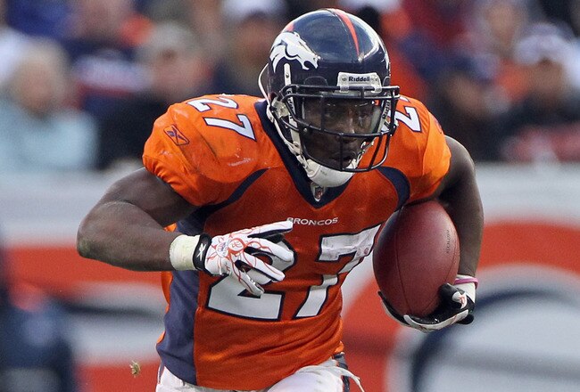 DENVER - NOVEMBER 14:  Running back Knowshon Moreno #27 of the Denver Broncos rushes against the Kansas City Chiefs at INVESCO Field at Mile High on November 14, 2010 in Denver, Colorado. The Broncos defeated the Chiefs 49-29.  (Photo by Doug Pensinger/Getty Images)