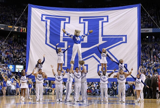 LEXINGTON, KY - JANUARY 21:  The Kentucky Wildcats cheerleaders perform during the game against the Alabama Crimson Tide at Rupp Arena on January 21, 2012 in Lexington, Kentucky.  (Photo by Andy Lyons/Getty Images)