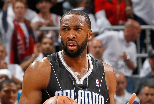 ATLANTA, GA - APRIL 28:  Gilbert Arenas #1 of the Orlando Magic against the Atlanta Hawks during Game Six of the Eastern Conference Quarterfinals in the 2011 NBA Playoffs at Philips Arena on April 28, 2011 in Atlanta, Georgia.  NOTE TO USER: User expressly acknowledges and agrees that, by downloading and or using this photograph, User is consenting to the terms and conditions of the Getty Images License Agreement.  (Photo by Kevin C. Cox/Getty Images)