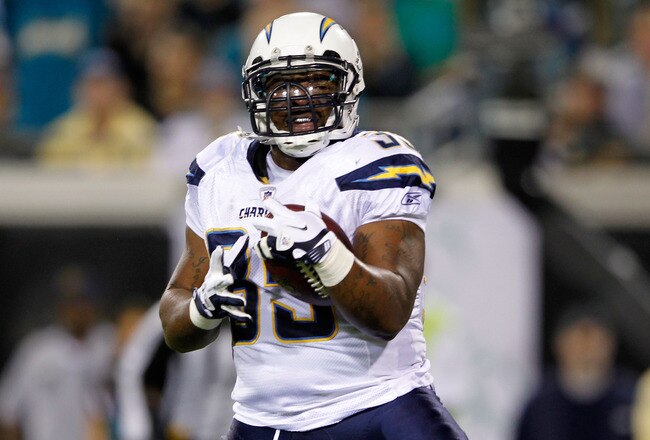 JACKSONVILLE, FL - DECEMBER 05:  Running back Mike Tolbert #35 of the San Diego Chargers reacts after scoring a touchdown in the first quarter against the Jacksonville Jaguars at EverBank Field on December 5, 2011 in Jacksonville, Florida.  (Photo by Mike Ehrmann/Getty Images)