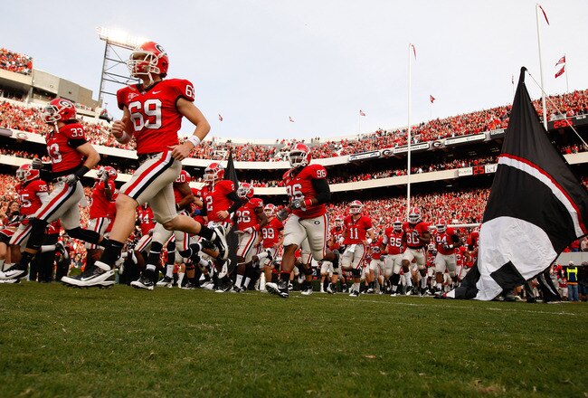 ATHENS, GA - NOVEMBER 12:  The Georgia Bulldogs enter the field to face the Auburn Tigers at Sanford Stadium on November 12, 2011 in Athens, Georgia.  (Photo by Kevin C. Cox/Getty Images)
