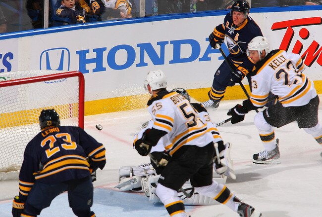 BUFFALO, NY - FEBRUARY 08: Derek Roy #9 of the Buffalo Sabres watches his shot bounce off the post behind Tim Thomas #30 of the Boston Bruins  at First Niagara Center on February 8, 2012 in Buffalo, New York.  (Photo by Rick Stewart/Getty Images)