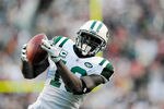 LANDOVER, MD - DECEMBER 04:  Santonio Holmes #10 of the New York Jets catches a 30 yard touchdown pass from Mark Sanchez #6 of the New York Jets against the Washington Redskins at FedExField on December 4, 2011 in Landover, Maryland.  (Photo by Patrick McDermott/Getty Images)