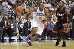 PHILADELPHIA - OCTOBER 27: Andre Iguodala #9 of the Philadelphia 76ers in action during the game against the Miami Heat at the Wells Fargo Center on October 27, 2010 in Philadelphia, Pennsylvania. NOTE TO USER: User expressly acknowledges and agrees that, by downloading and or using this photograph, User is consenting to the terms and conditions of the Getty Images License Agreement. (Photo by Drew Hallowell/Getty Images)