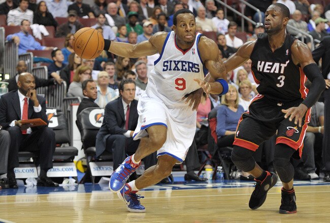 PHILADELPHIA - OCTOBER 27: Andre Iguodala #9 of the Philadelphia 76ers in action during the game against the Miami Heat at the Wells Fargo Center on October 27, 2010 in Philadelphia, Pennsylvania. NOTE TO USER: User expressly acknowledges and agrees that, by downloading and or using this photograph, User is consenting to the terms and conditions of the Getty Images License Agreement. (Photo by Drew Hallowell/Getty Images)