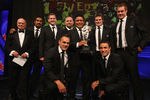 AUCKLAND, NEW ZEALAND - FEBRUARY 09: Members of the All Blacks pose on stage with the Supreme Halberg Award during the 2012 Halberg Awards at Sky City Convention Centre on February 9, 2012 in Auckland, New Zealand.  (Photo by Sandra Mu/Getty Images)