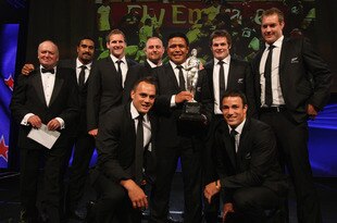 AUCKLAND, NEW ZEALAND - FEBRUARY 09: Members of the All Blacks pose on stage with the Supreme Halberg Award during the 2012 Halberg Awards at Sky City Convention Centre on February 9, 2012 in Auckland, New Zealand.  (Photo by Sandra Mu/Getty Images)