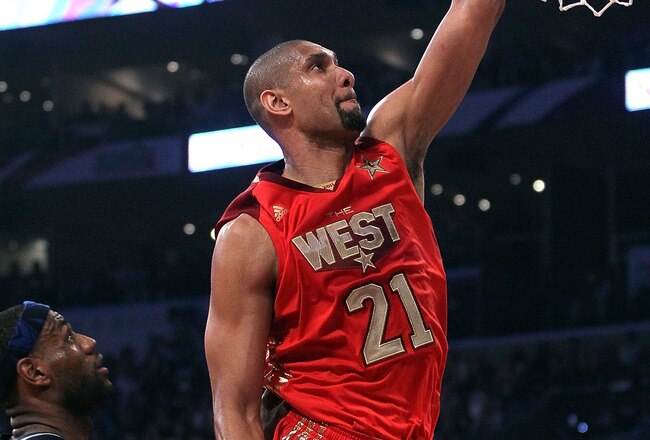 LOS ANGELES, CA - FEBRUARY 20:  Tim Duncan #21 of the San Antonio Spurs and the Western Conference dunks the ball in the first quarter of the 2011 NBA All-Star Game at Staples Center on February 20, 2011 in Los Angeles, California. NOTE TO USER: User expressly acknowledges and agrees that, by downloading and or using this photograph, User is consenting to the terms and conditions of the Getty Images License Agreement.  (Photo by Jeff Gross/Getty Images)