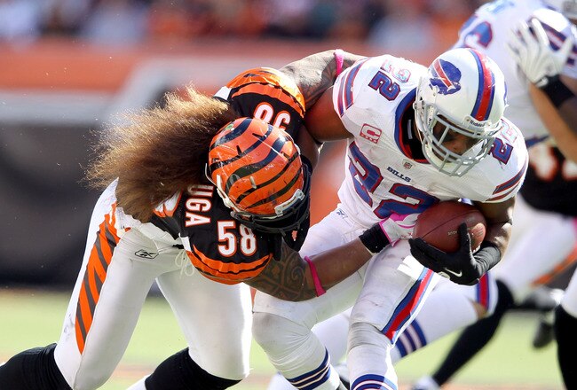 CINCINNATI, OH - OCTOBER 02:  Fred Jackson #22 of the Buffalo Bills is tackled by Rey Maualuga #58 of the Cincinnati Bengals during the game at Paul Brown Stadium on October 2, 2011 in Cincinnati, Ohio.  (Photo by Andy Lyons/Getty Images)
