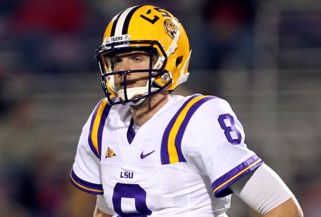 OXFORD, MS - NOVEMBER 19: Zach Mettenberger #8 of the LSU Tigers looks to the sideline against the Ole Miss Rebels on November 19, 2011 at Vaught-Hemingway Stadium in Oxford, Mississippi. LSU beat Mississippi 52-3. (Photo by Joe Murphy/Getty Images)